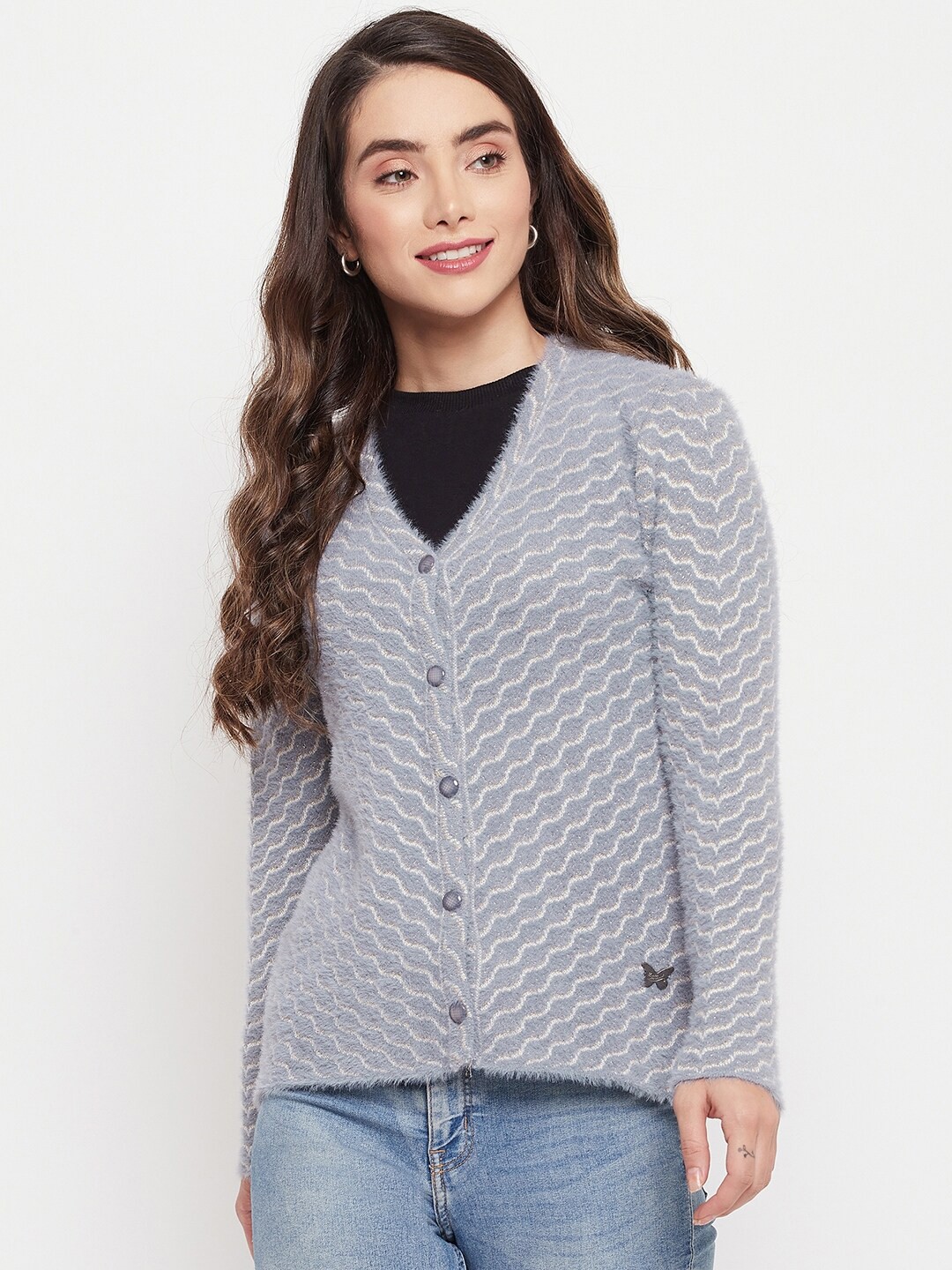 

Duke Women Grey & White Self Designed Wool Cardigan