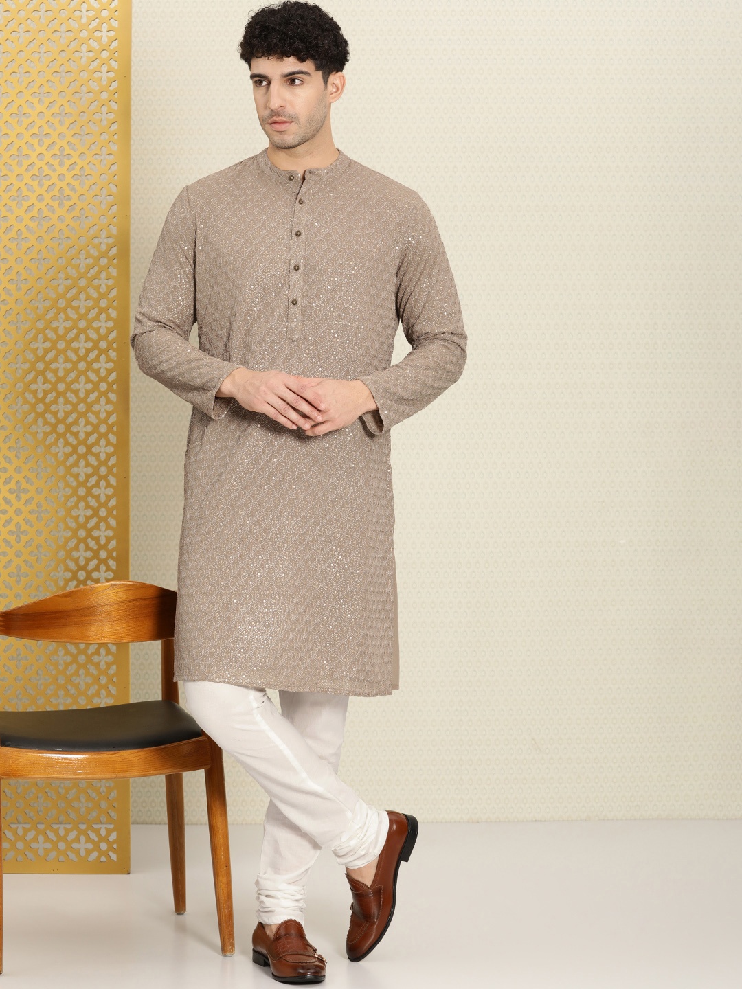 

House of Pataudi Men Embroidered Regular Sequinned Rozana Kurta with Churidar, Taupe