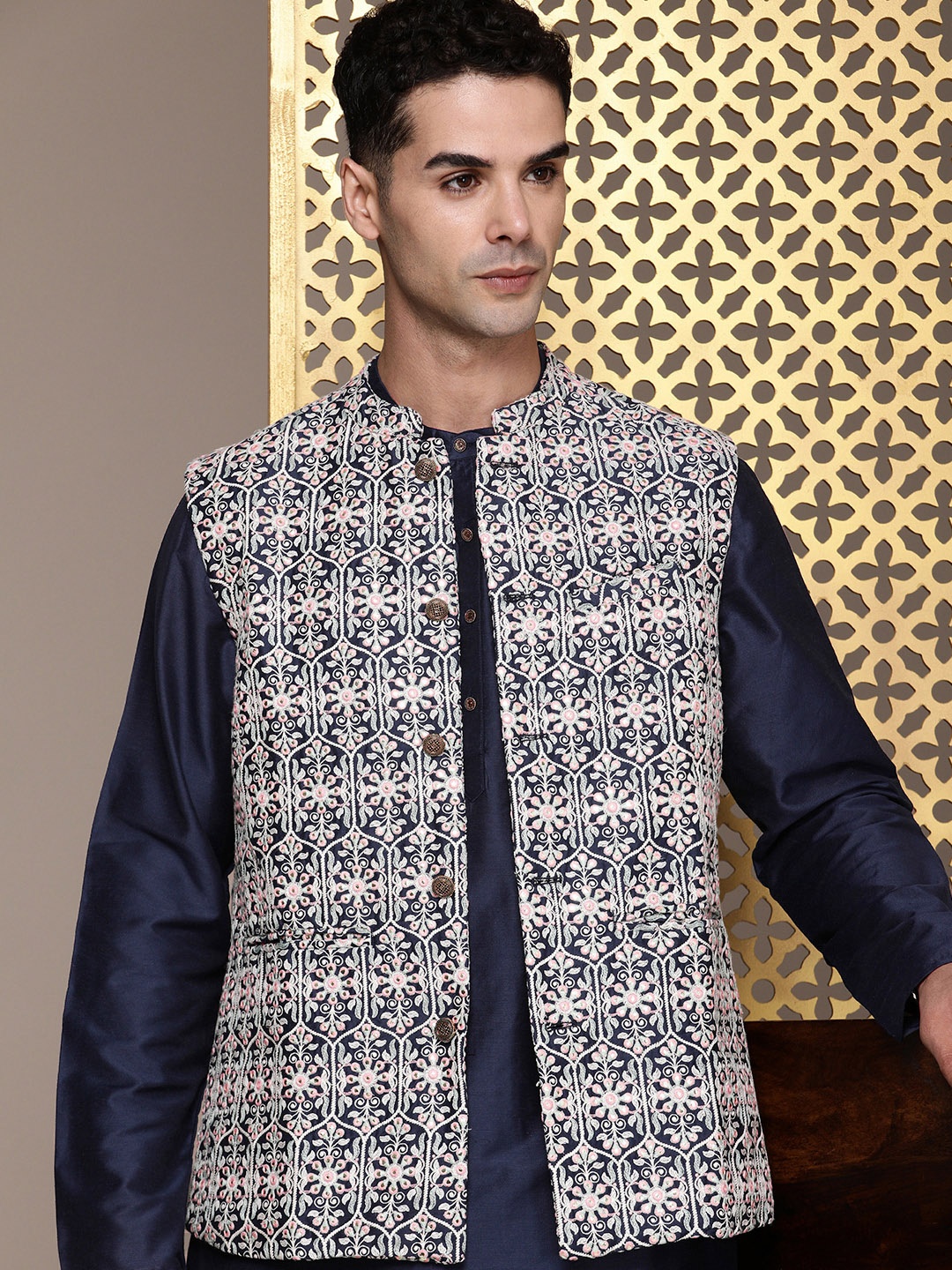 

House of Pataudi Rozana Kurta with Trousers & Nehru Jacket, Navy blue