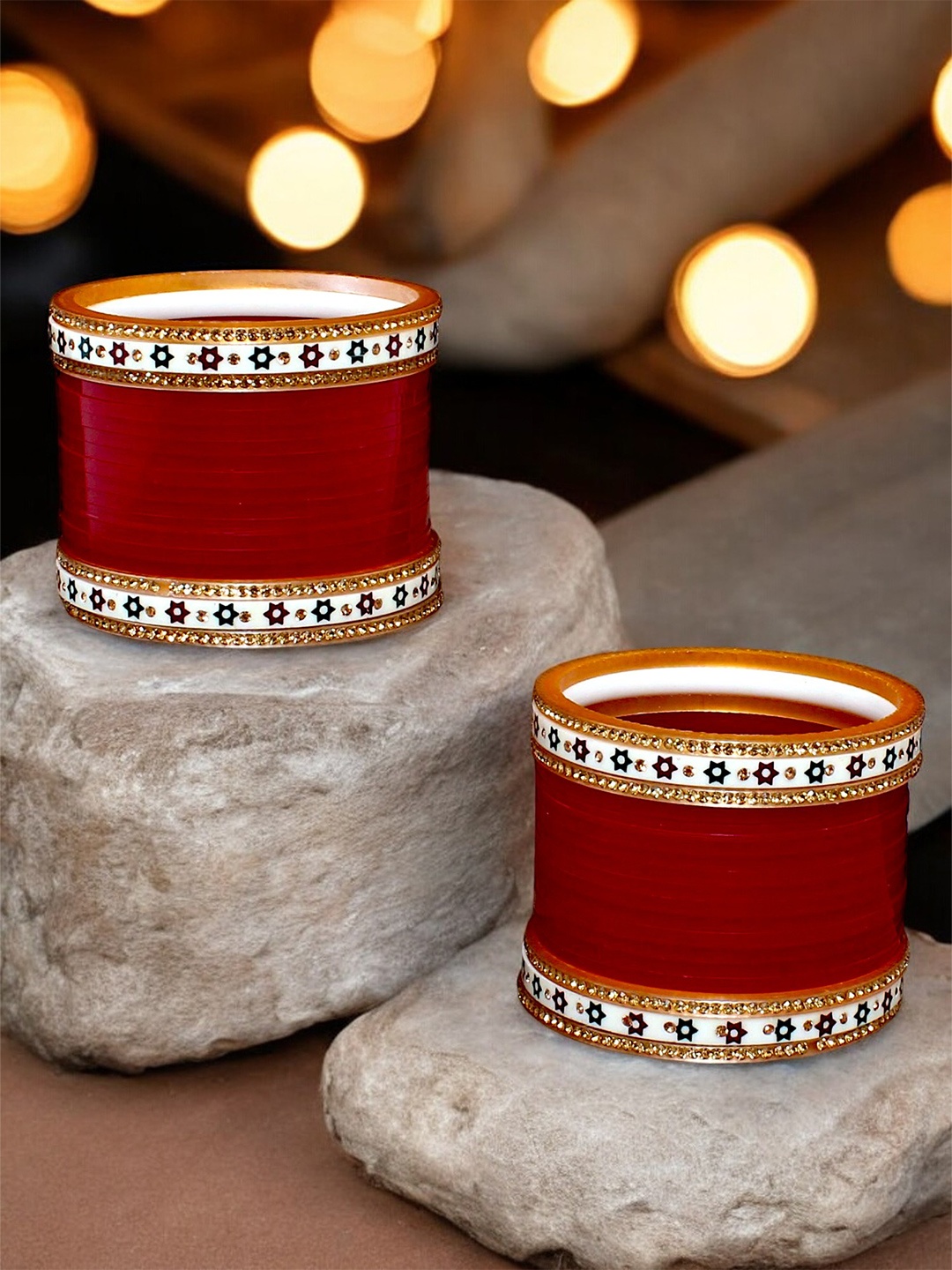

LUCKY JEWELLERY Set Of 2 Women Maroon & White Stone Studded Bridal Wedding Bangle