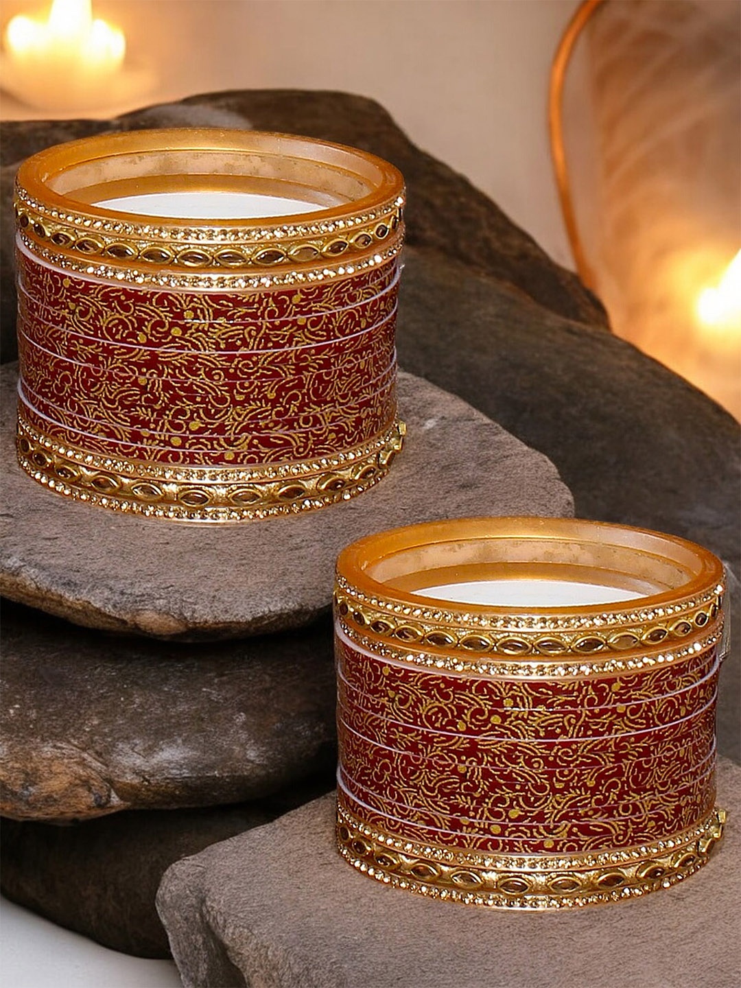 

LUCKY JEWELLERY Maroon Red CZ Stone Studded Bangle Set