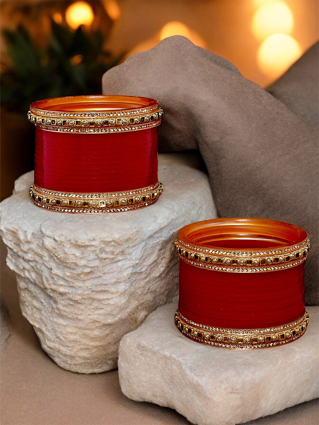 

LUCKY JEWELLERY Gold-Toned & Maroon CZ & Kundan Stone-Studded Bangle Set