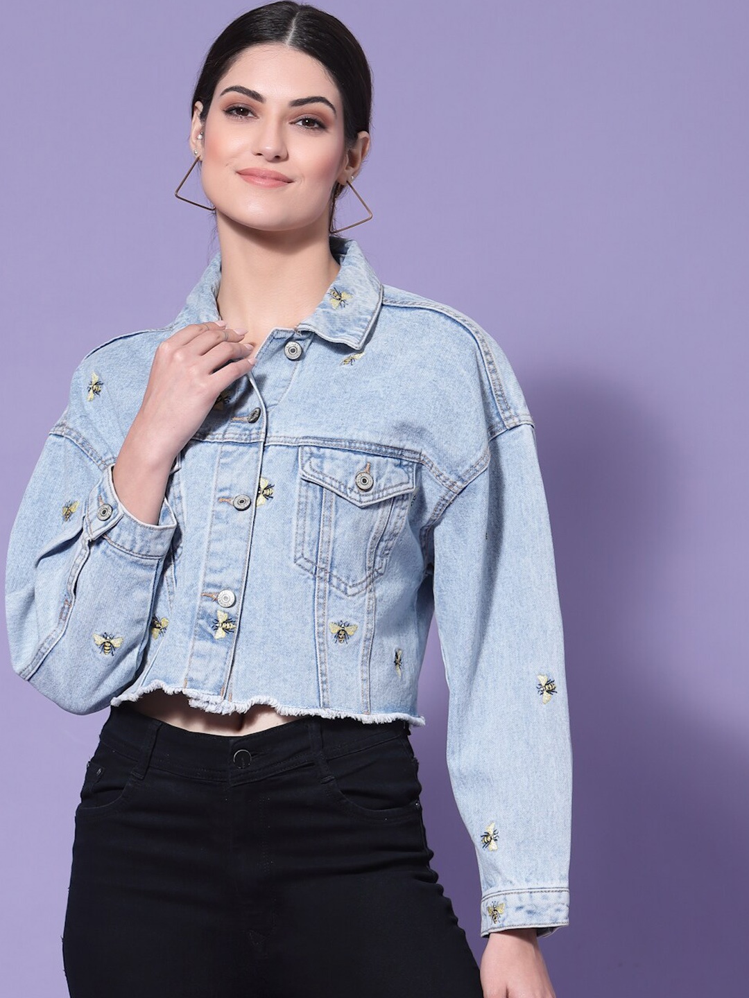 

KASSUALLY Women Blue Lightweight Crop Outdoor Denim Jacket