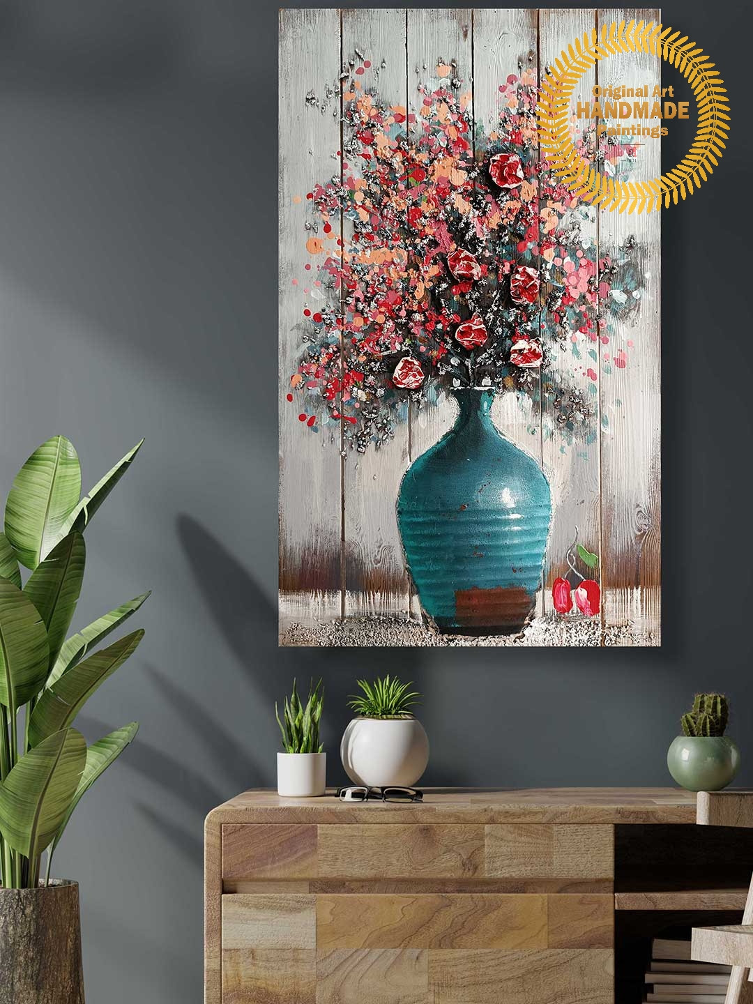 

Art Street Blue Wooden Floral Pot Original Handmade Painting Wall Art