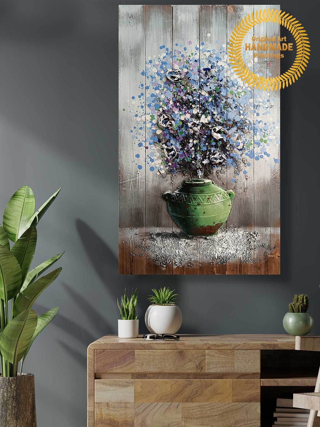 

Art Street Green & Grey Flower Pot Handmade Original Wall Painting