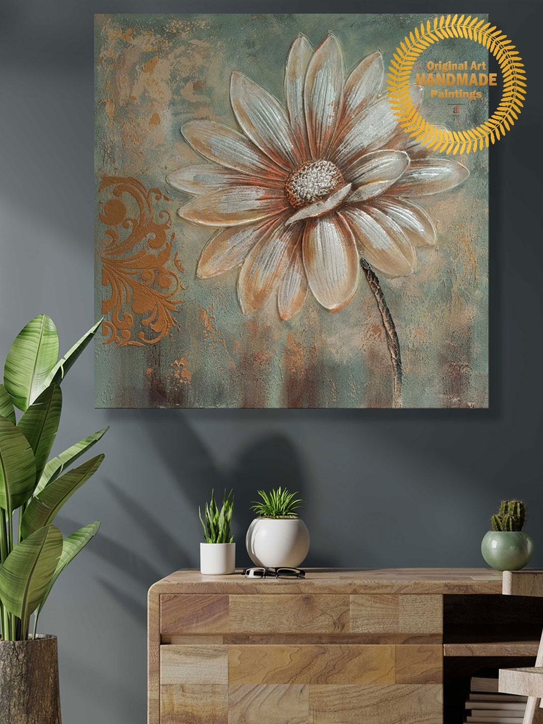 

Art Street Silver & Brown Daisy Floral Handmade Original Oil Painting
