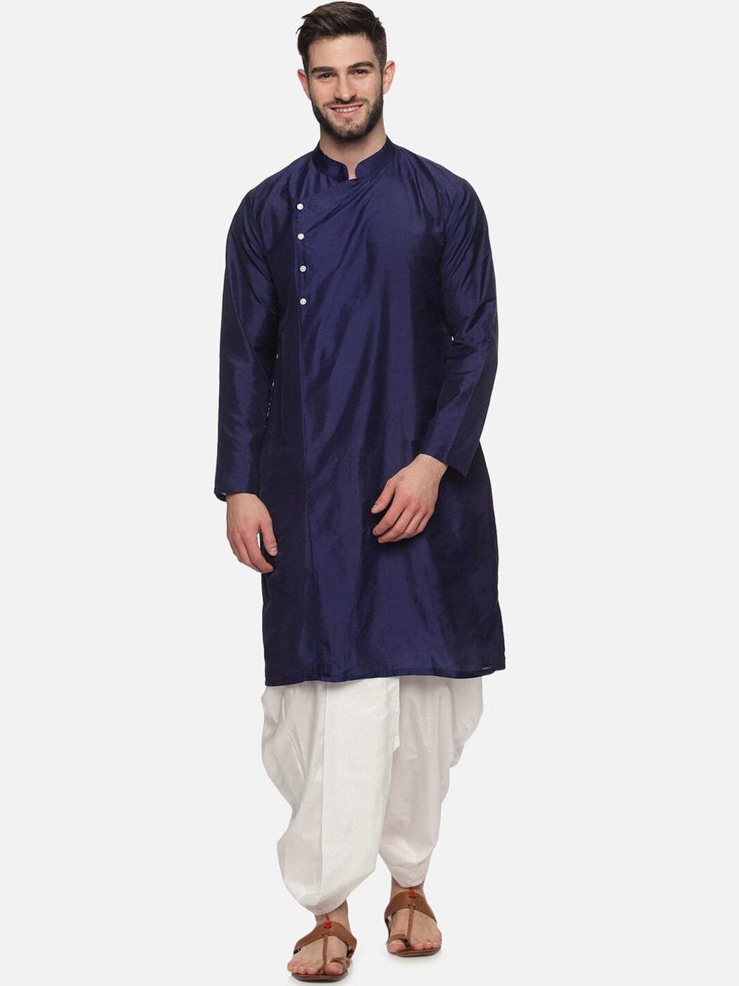 

Sethukrishna Men Navy Blue Angrakha Kurta with Dhoti Pants