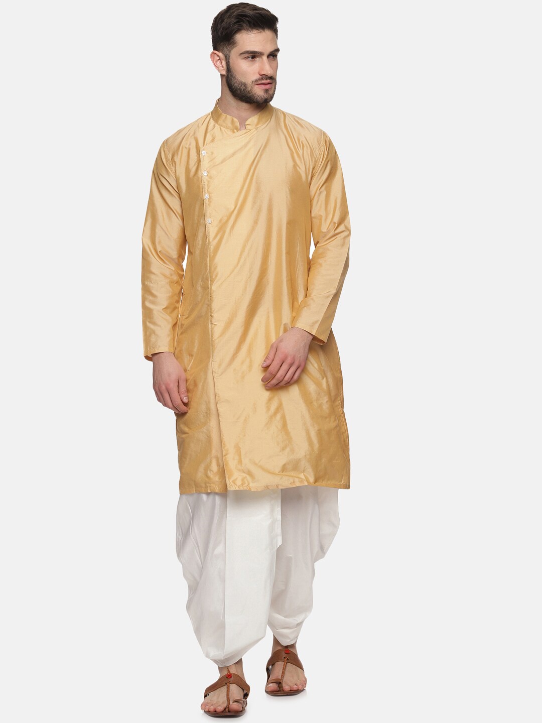 

Sethukrishna Men Beige & White Solid Angrakha Kurta with Dhoti Pants