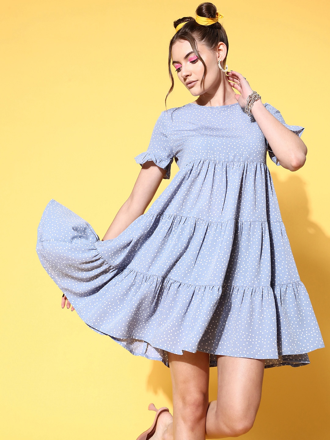 

Berrylush Women Blue Polka Dotted Feminine Frills Dress