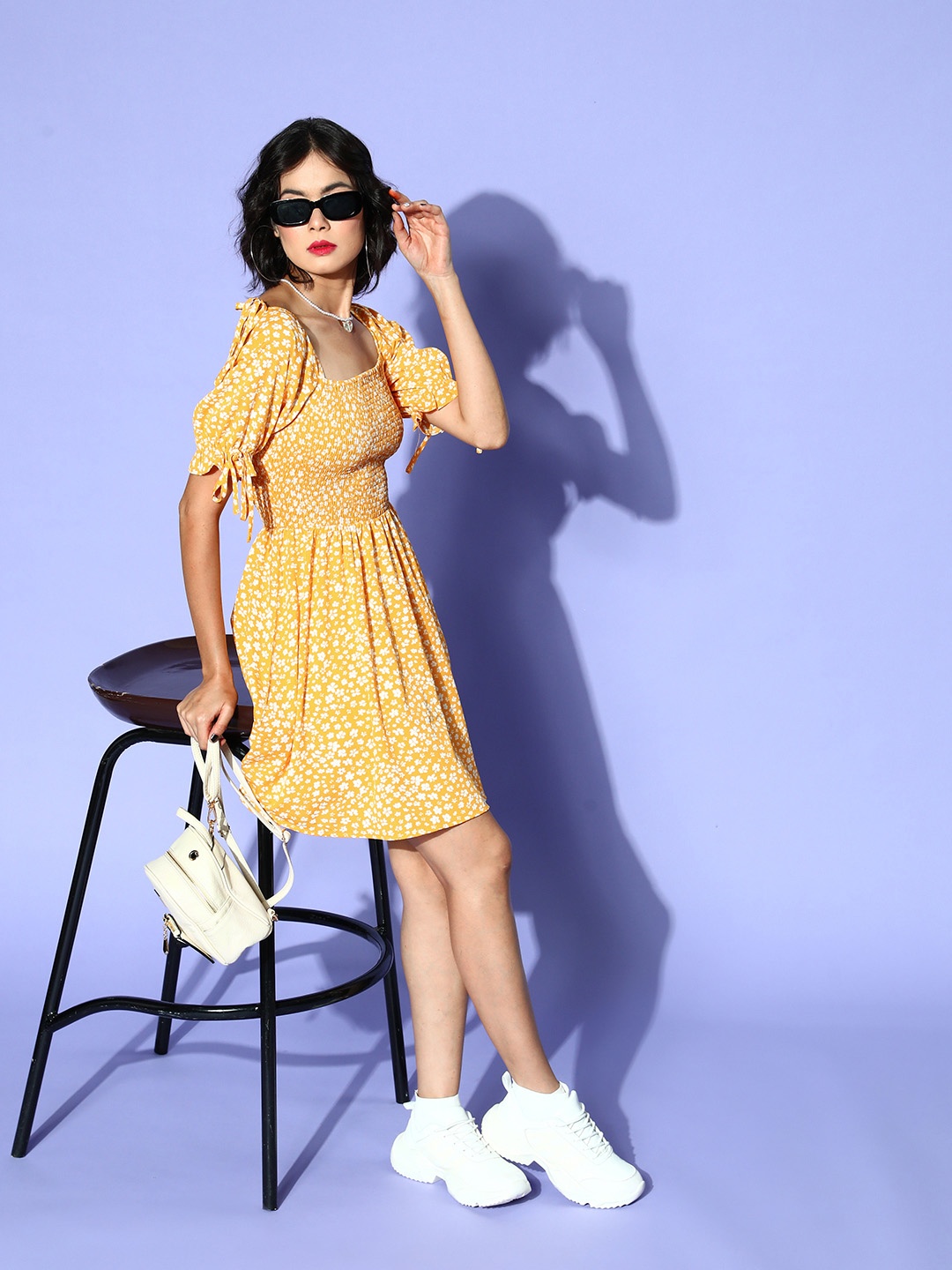 

Berrylush Women Bright Yellow Floral Fluid Tie-Up Dress