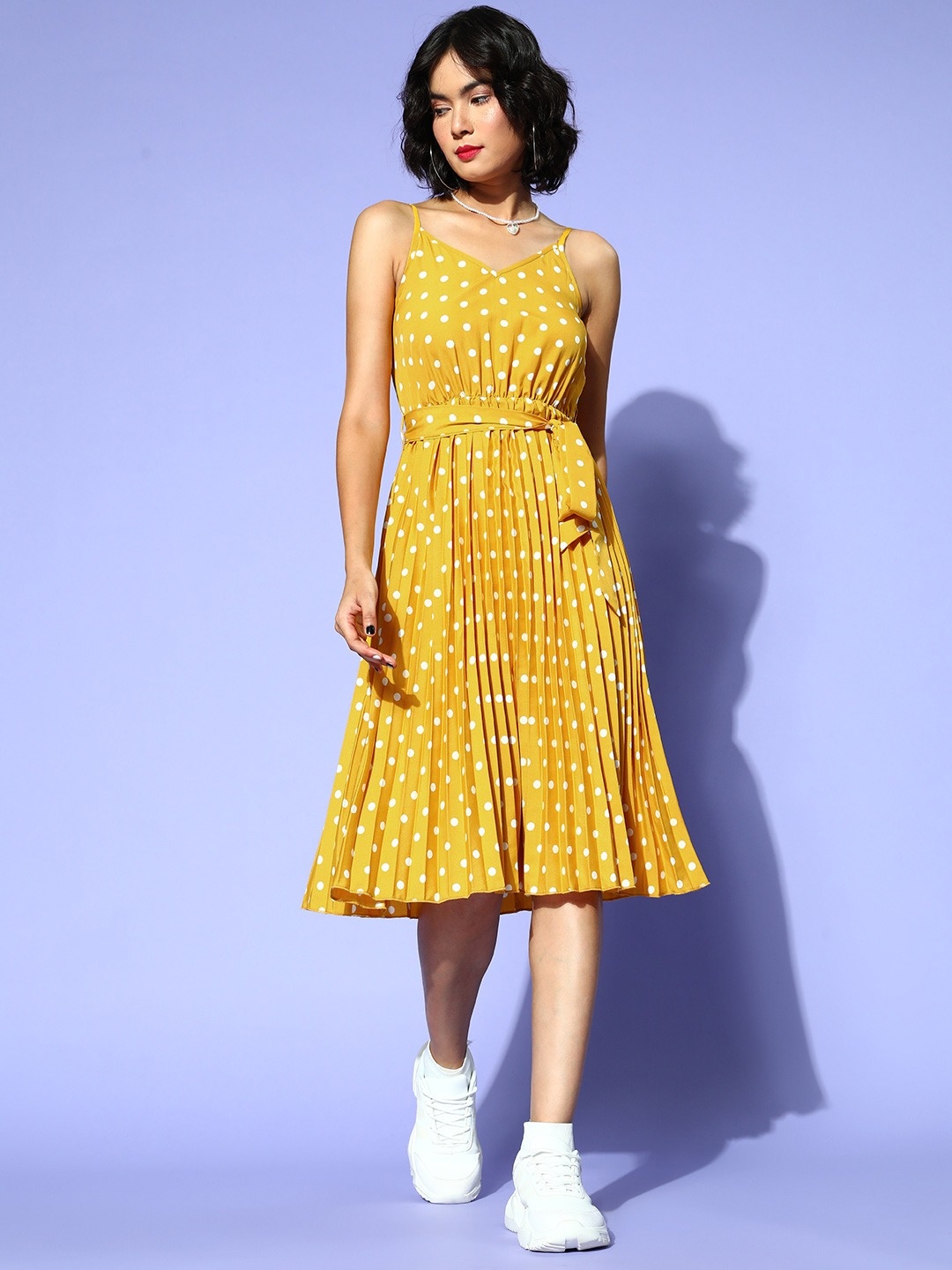 

Berrylush Women Bright Yellow Polka Dotted Belted Detail Dress