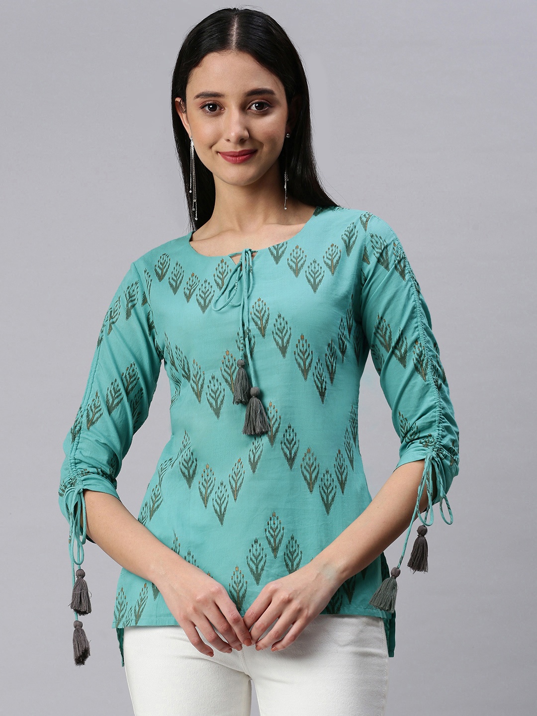 

KALINI Turquoise Blue Printed Tie-Up Neck Cotton Top