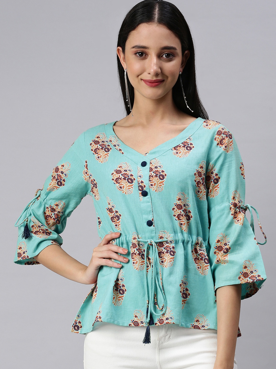 

KALINI Turquoise Blue Floral Print Top