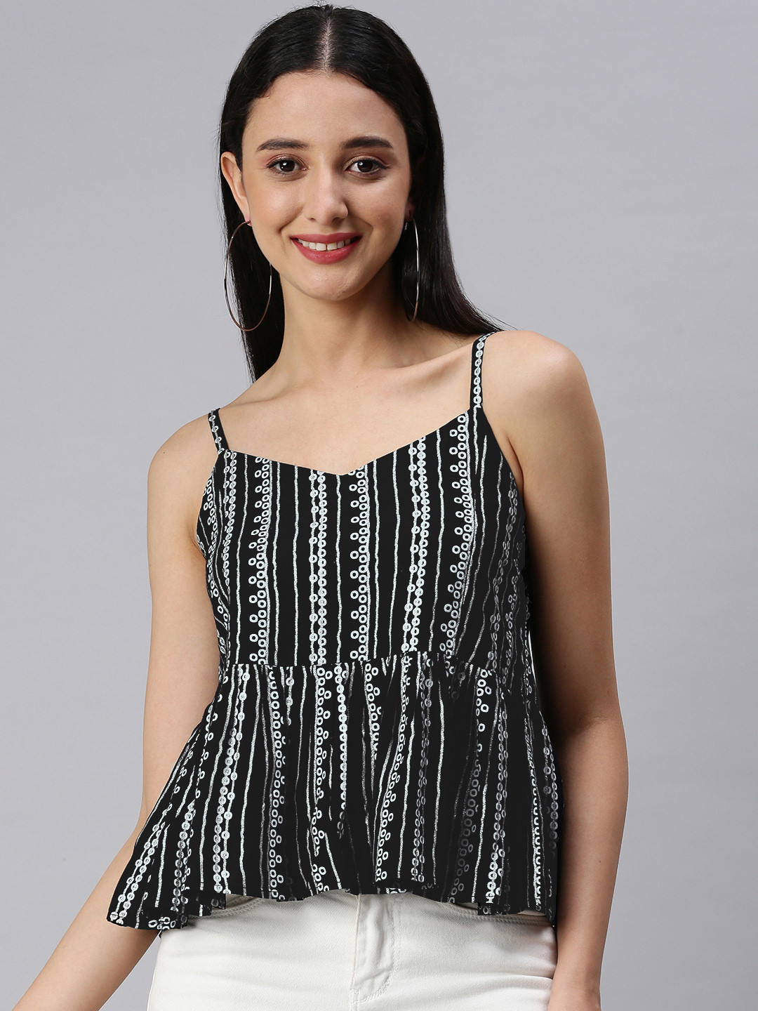 

KALINI Black Geometric Print Peplum Top