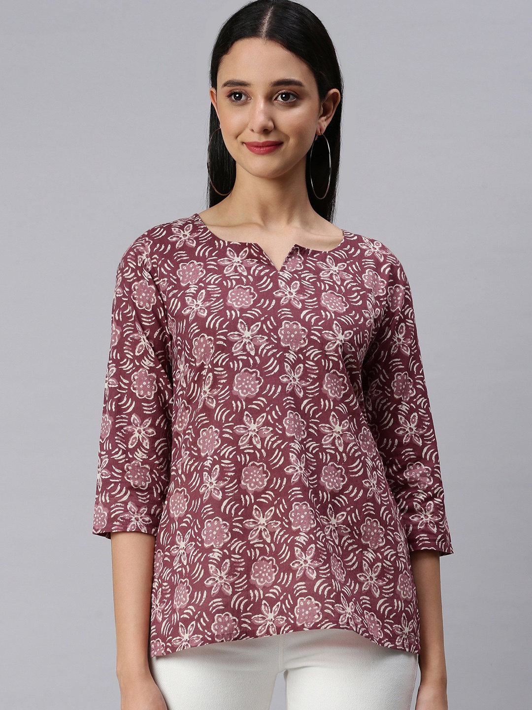 

KALINI Pink & Beige Floral Print Cotton Top
