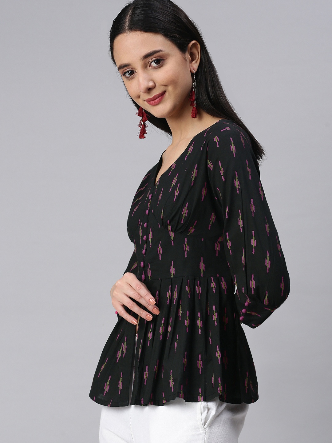 

KALINI Black Printed Cotton Peplum Top