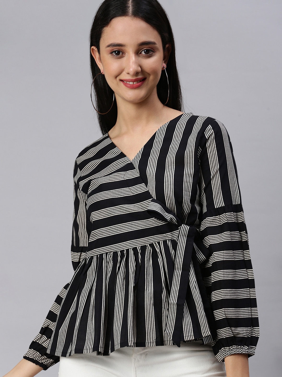 

KALINI Black & White Striped Wrap Top