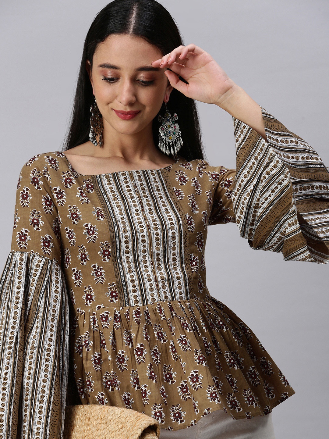 

KALINI Brown & White Floral Printed Cotton Peplum Top