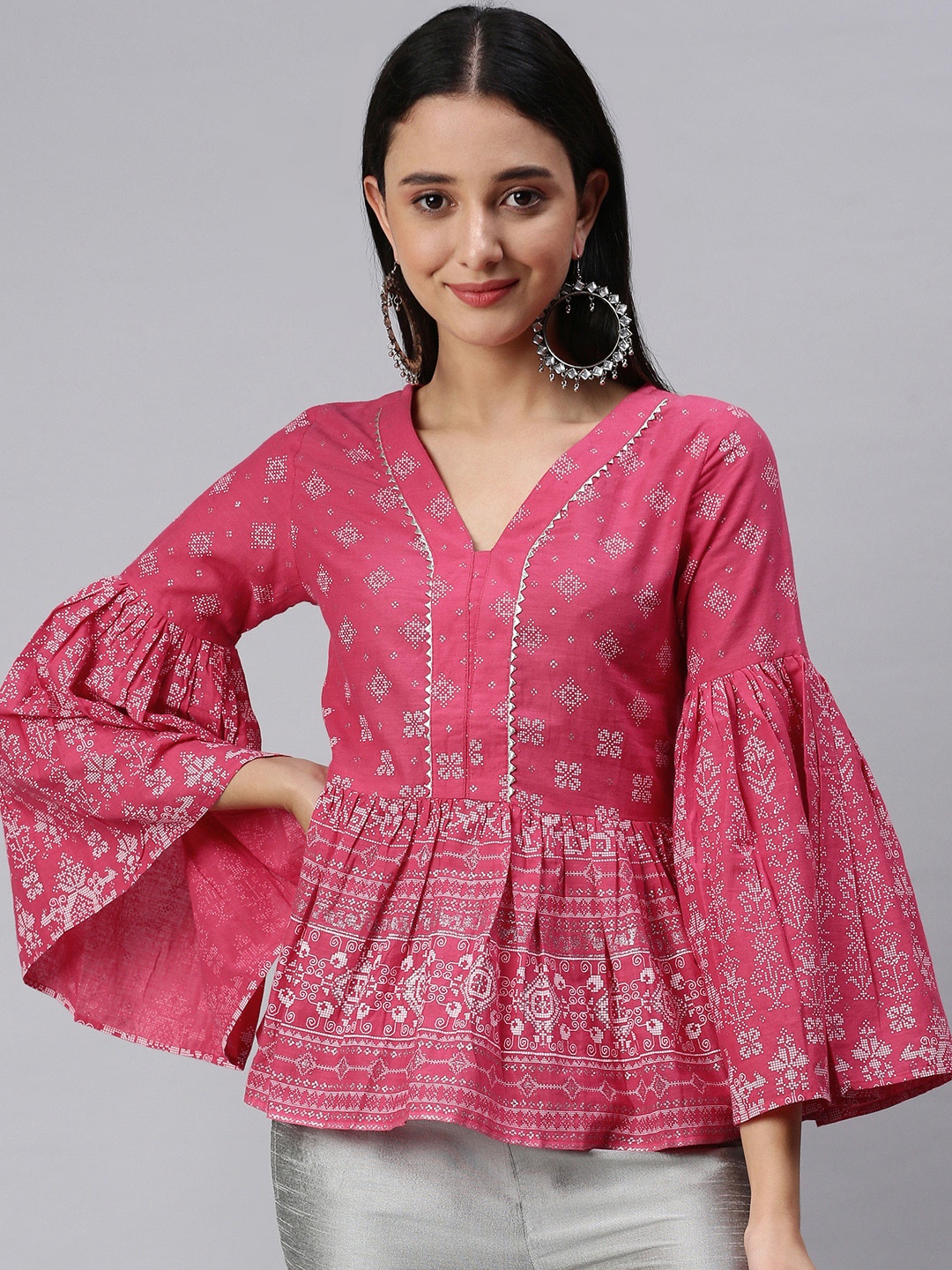 

KALINI Pink Printed Cotton Peplum Top