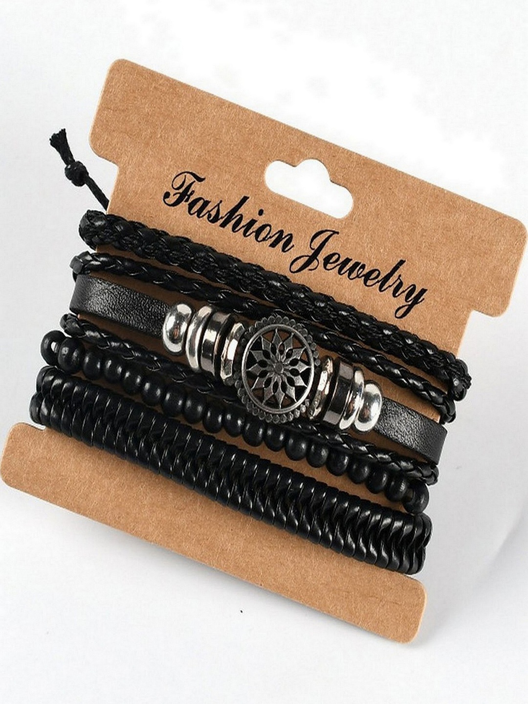 

UNIVERSITY TRENDZ Unisex Set of 4 Black & Silver-Toned Leather Multistrand Bracelet