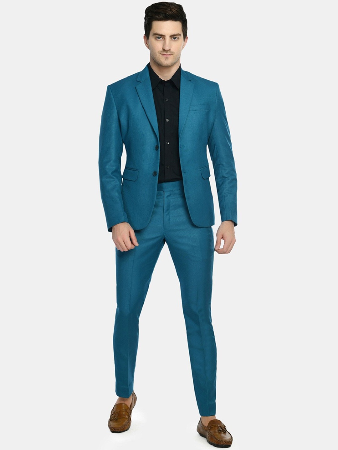 

TrulyFeb Men Blue Self-Design Single Breasted 2-Piece Suits