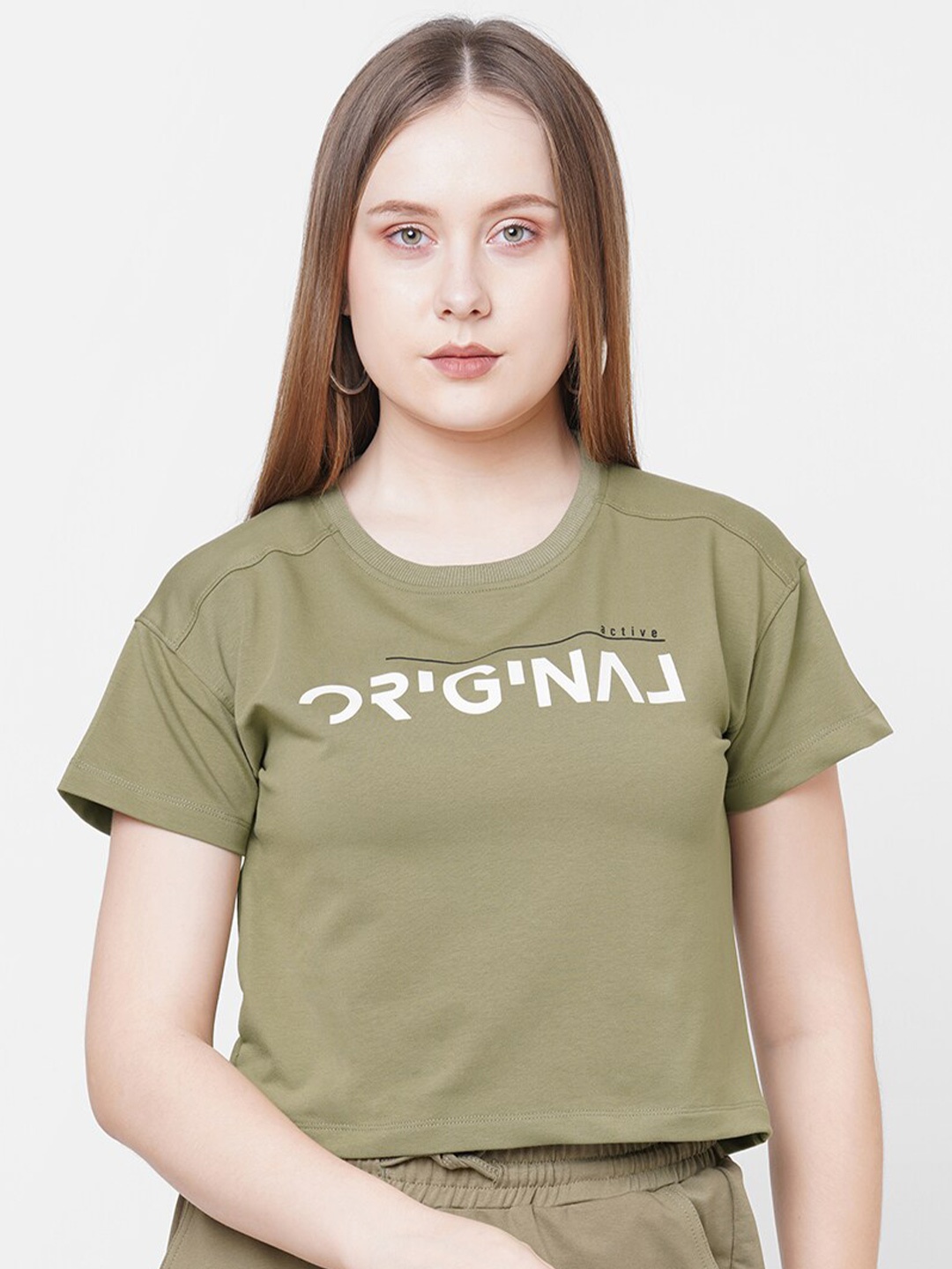 

Kraus Jeans Women Olive Green Typography Printed Slim Fit T-shirt