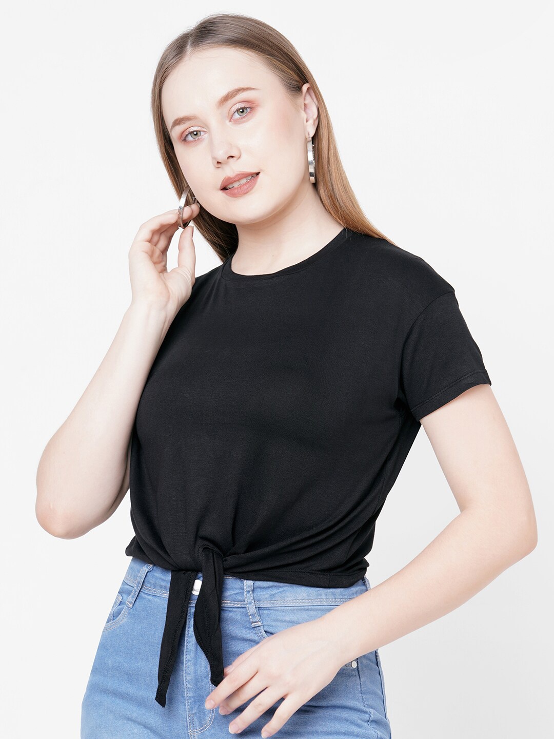 

Kraus Jeans Women Black Round Collar Slim Fit T-shirt