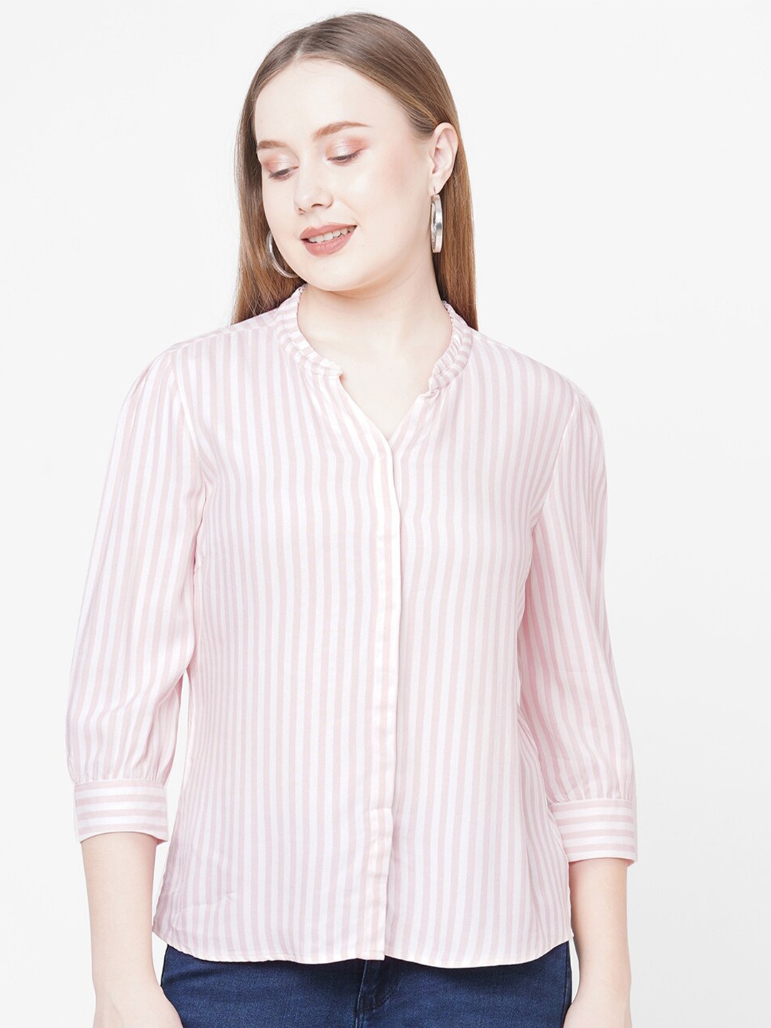 

Kraus Jeans Women Peach-Colored Slim Fit Striped Casual Shirt