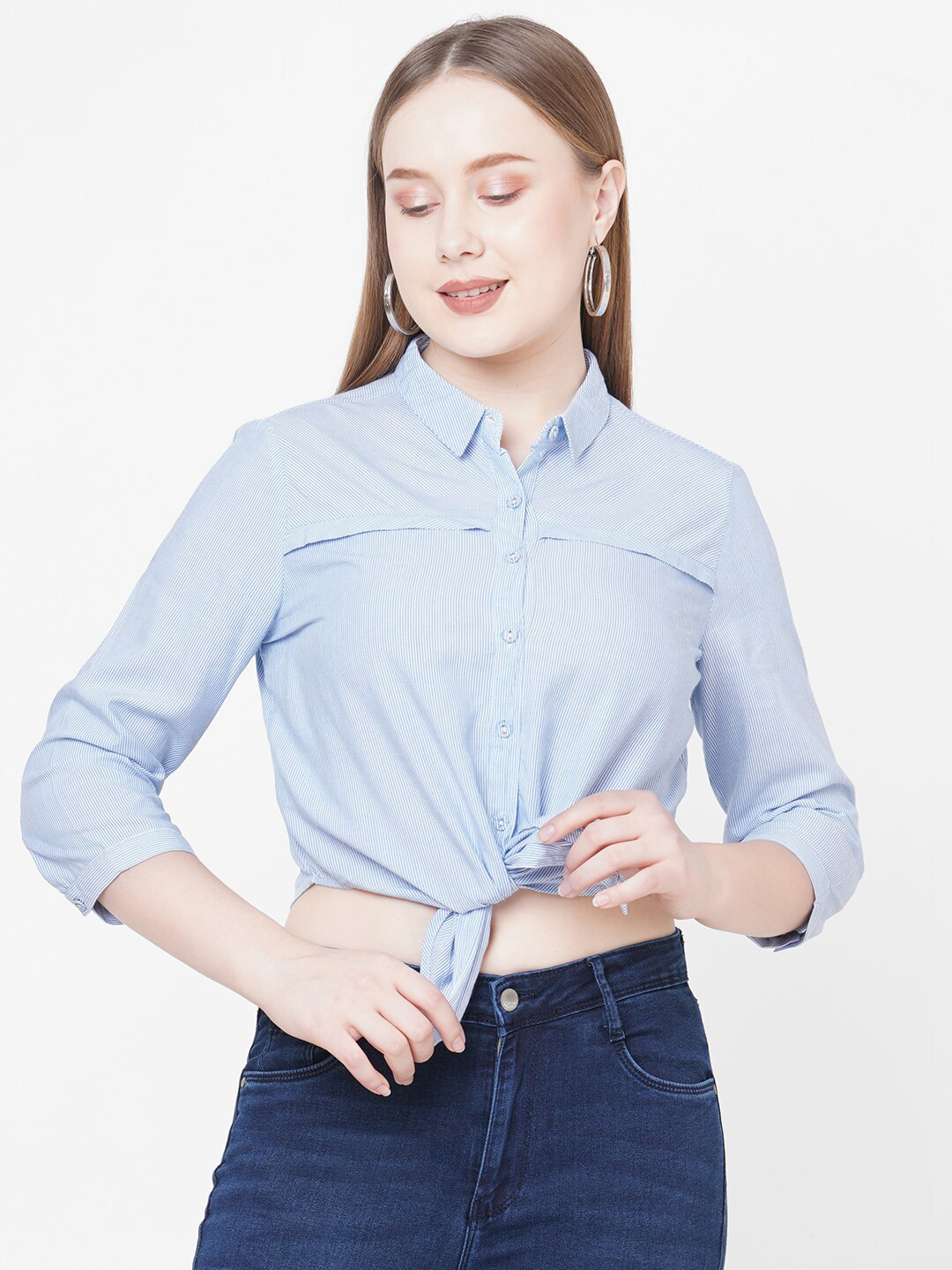 

Kraus Jeans Women Blue Slim Fit Pinstripes Striped Casual Shirt