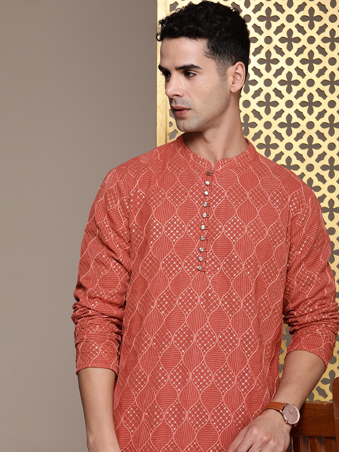 

House of Pataudi Ethnic Motifs Embroidered Regular Sequinned Jashn Kurta With Churidar, Brown