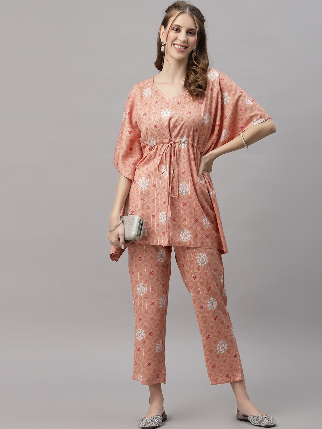 

Ragavi Peach-Colored & Off White Floral Print Kaftan and Pyjama