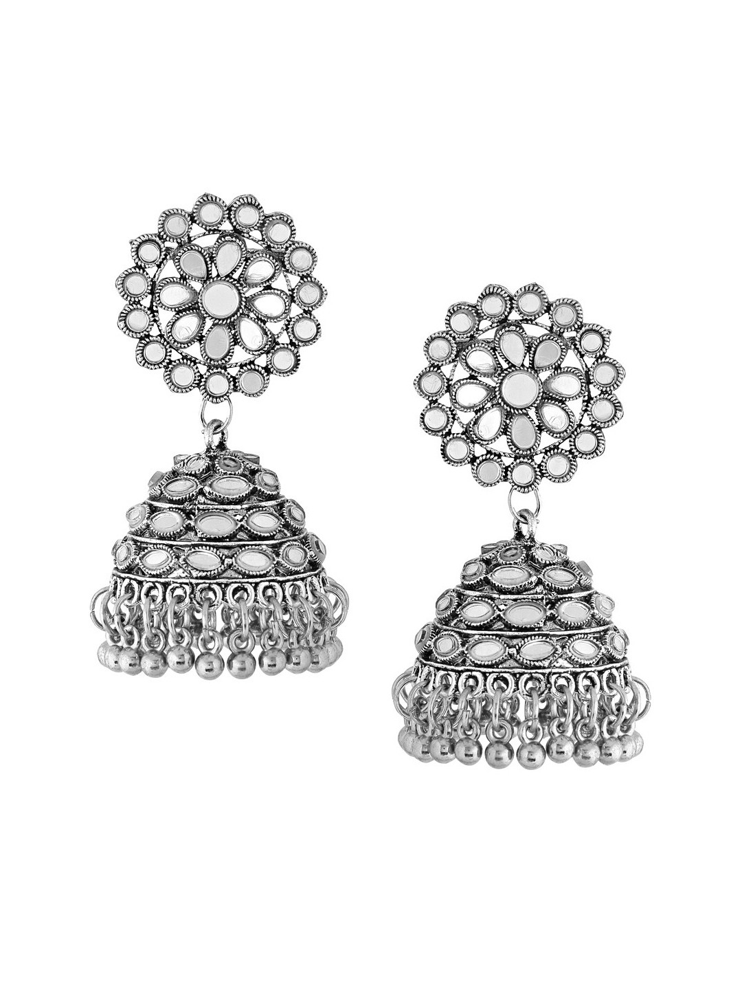 

Yellow Chimes Silver Toned Floral Designed Mirror Studded Jhumka Earrings