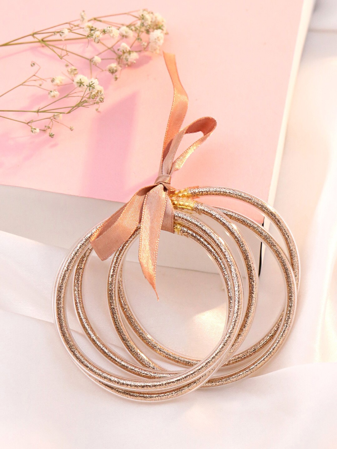 

Yellow Chimes Pink Glitter filled Jelly Silicone Bangles Set