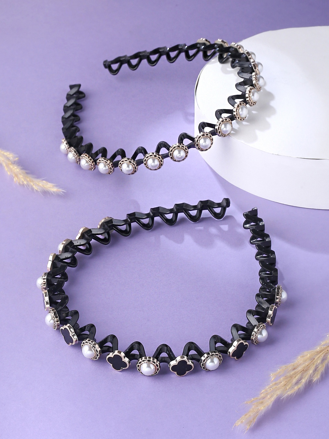 

Yellow Chimes Set of 2 Girls Black Hair Band Pearls Studded Hairbands