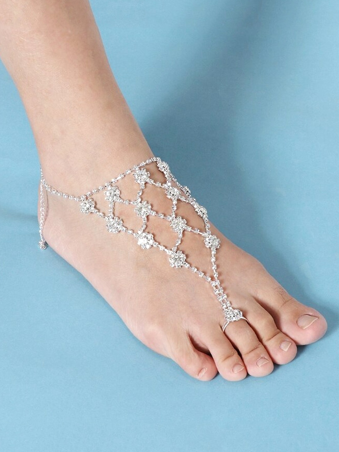 

Yellow Chimes Women Set Of 2 White Crystal Studded Anklet with Toe Ring