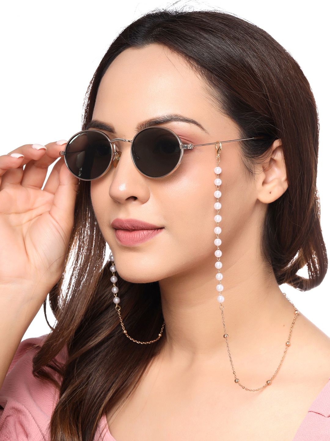 

Yellow Chimes Women Gold-Toned & White Beaded Mask & Sunglasses Chains