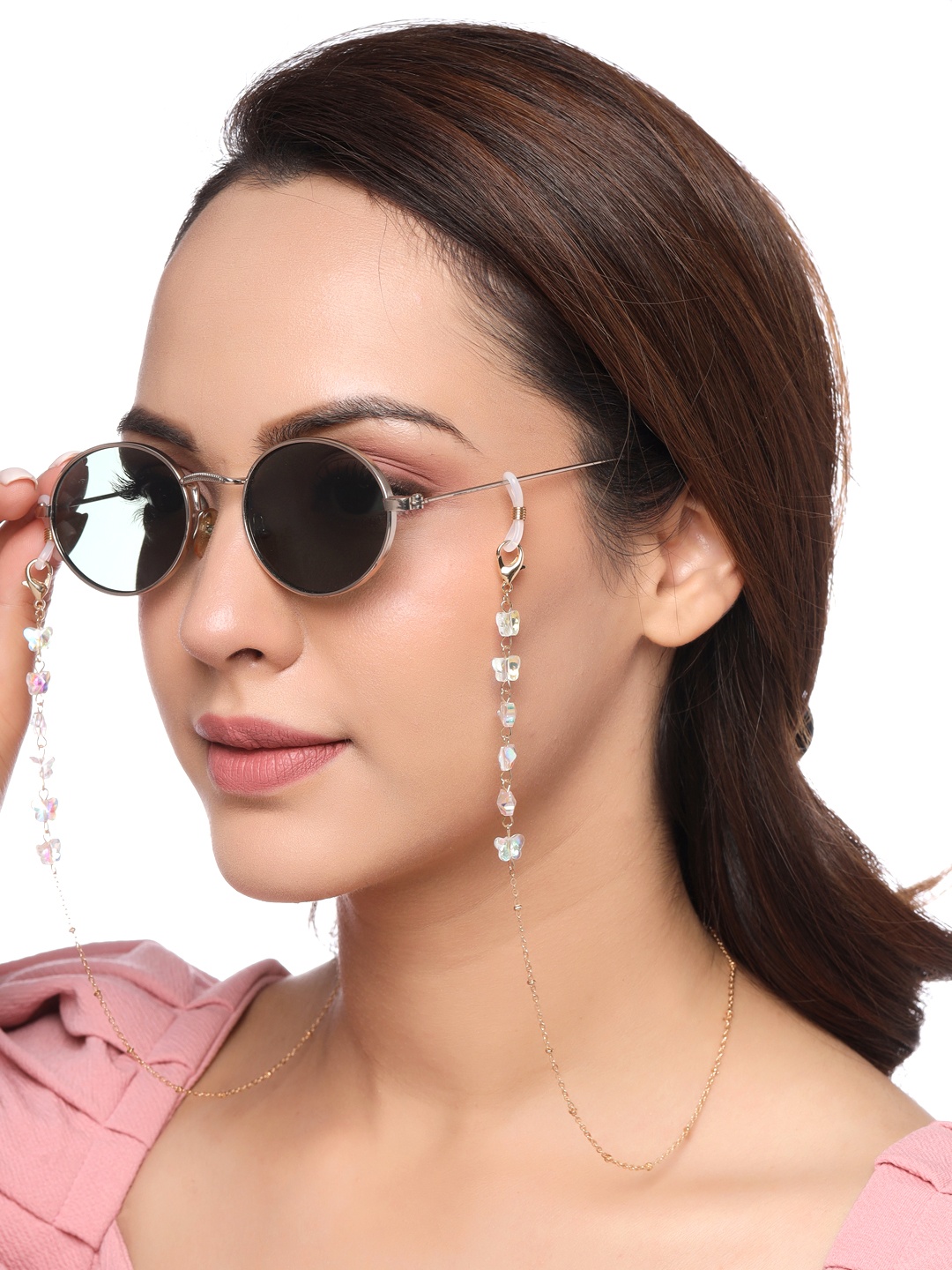 

Yellow Chimes White Crystal Face Mask & Sunglasses Chain