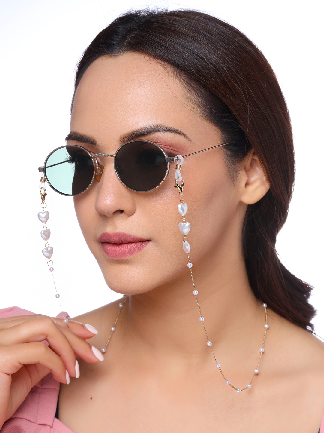 

Yellow Chimes Gold-Toned White Face Mask & Sunglasses Chain