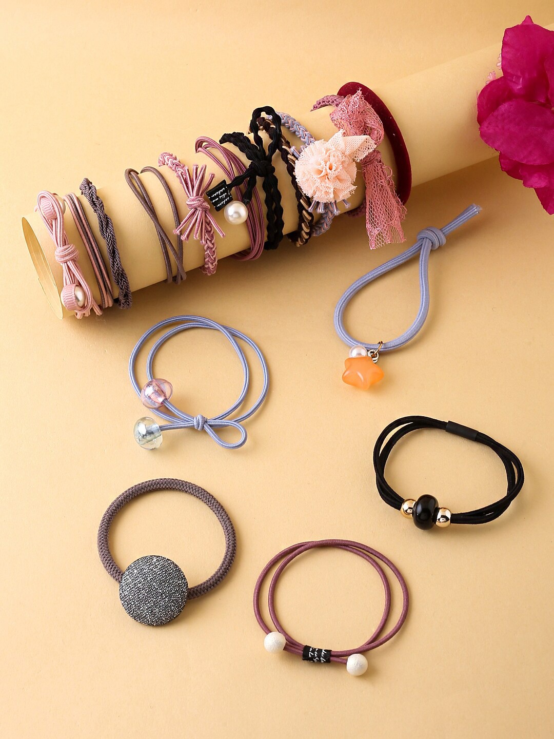 

Yellow Chimes Women Purple & Pink Set Of 16 Elastic Ponytail Holders with Storage Box