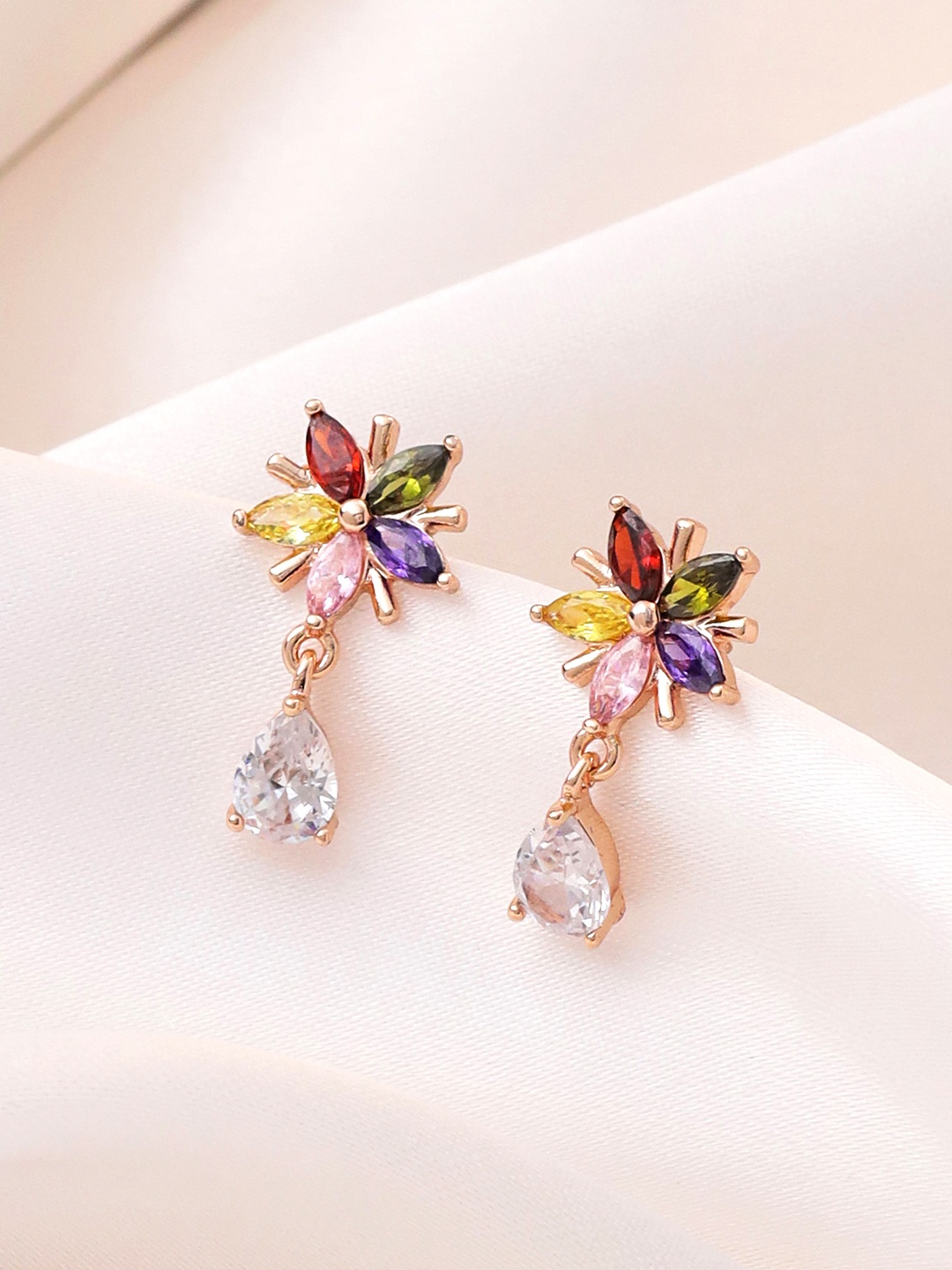 

Yellow Chimes Swiss Zircon Rose Gold Plated Floral Shaped Drop Earrings