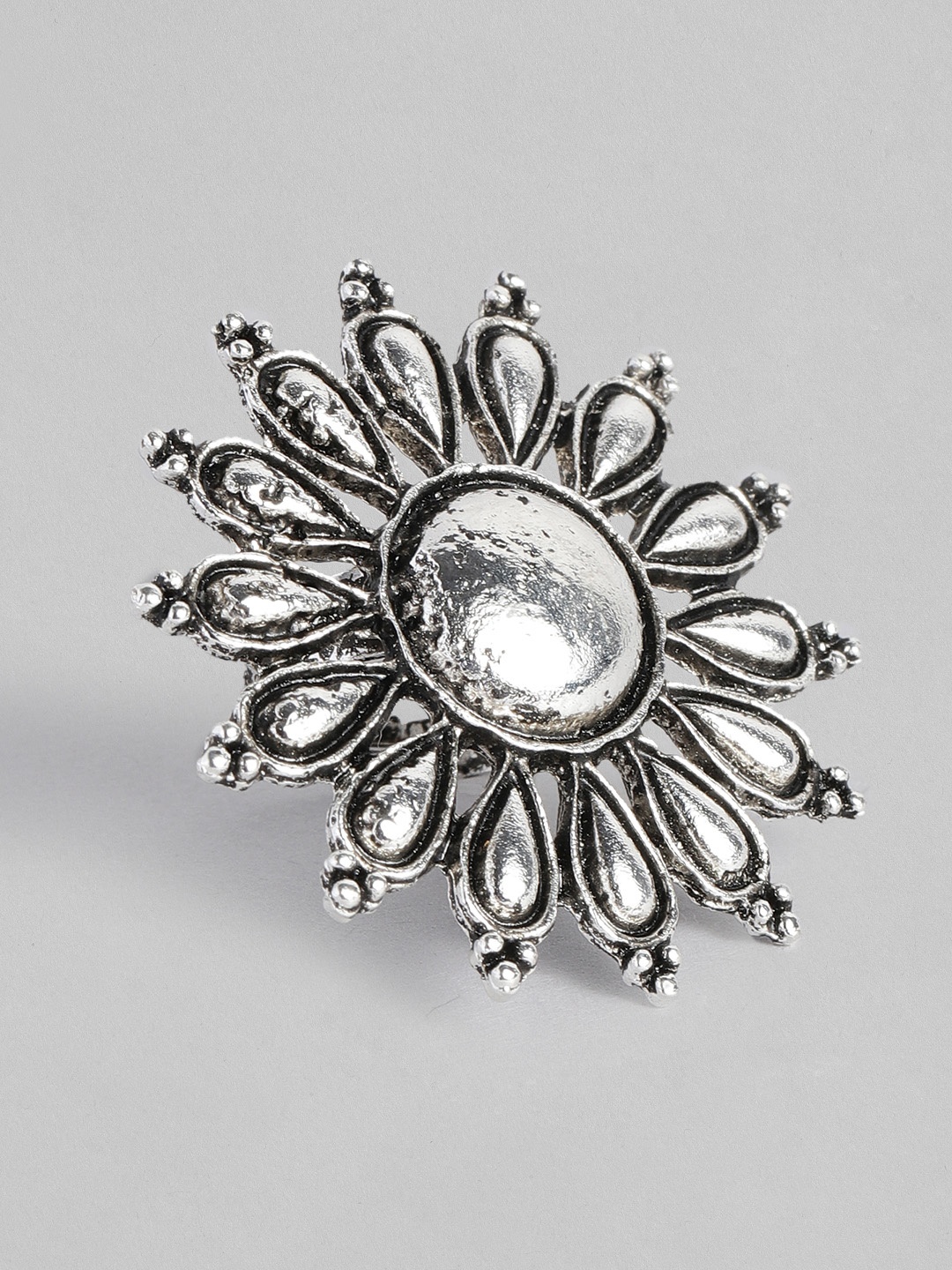 

Kord Store Silver-Toned Oxidized Floral Finger Ring