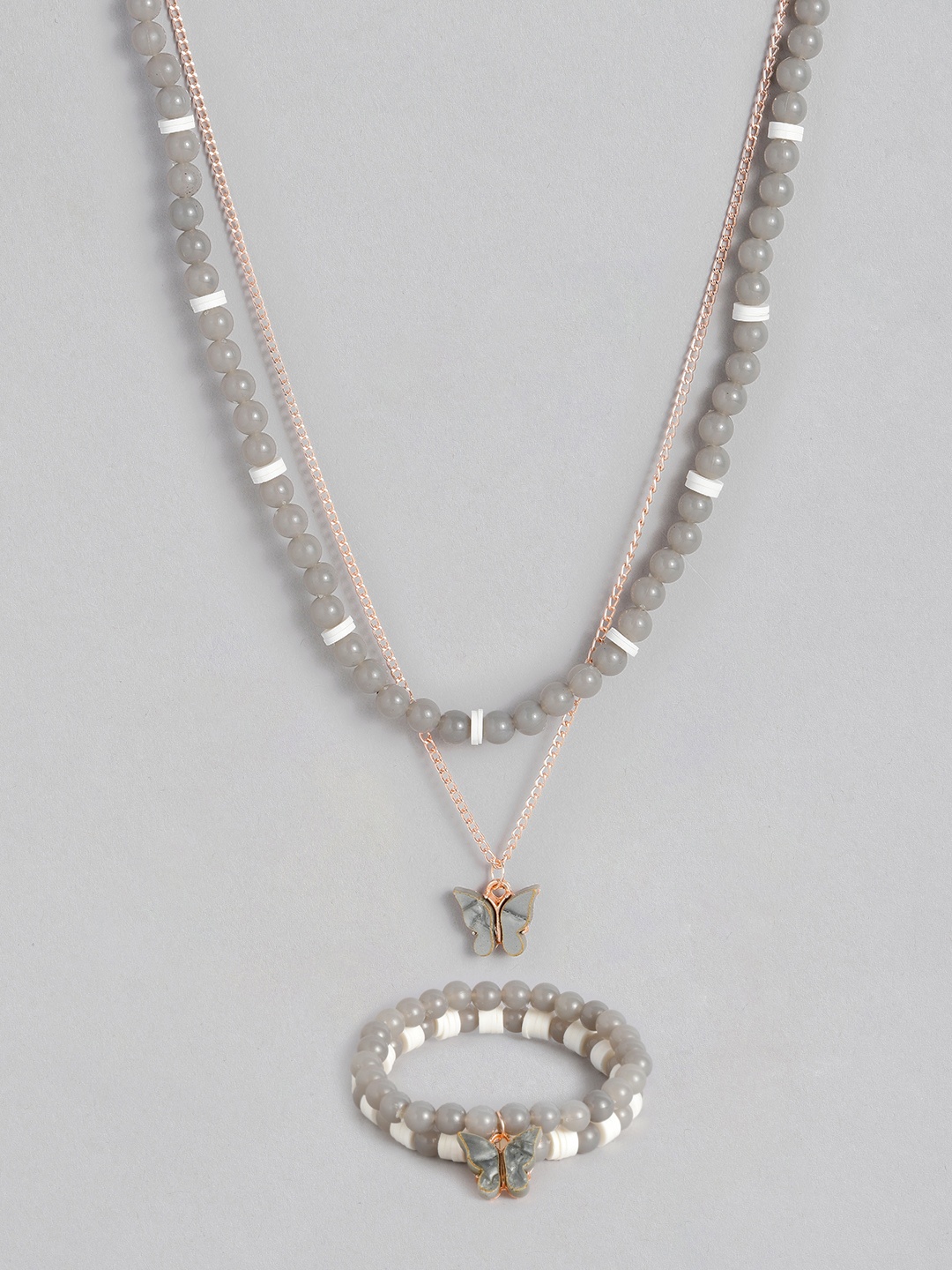 

Kord Store Grey Butterfly Rose Gold-Plated Pendant Chain With Beaded Bracelet