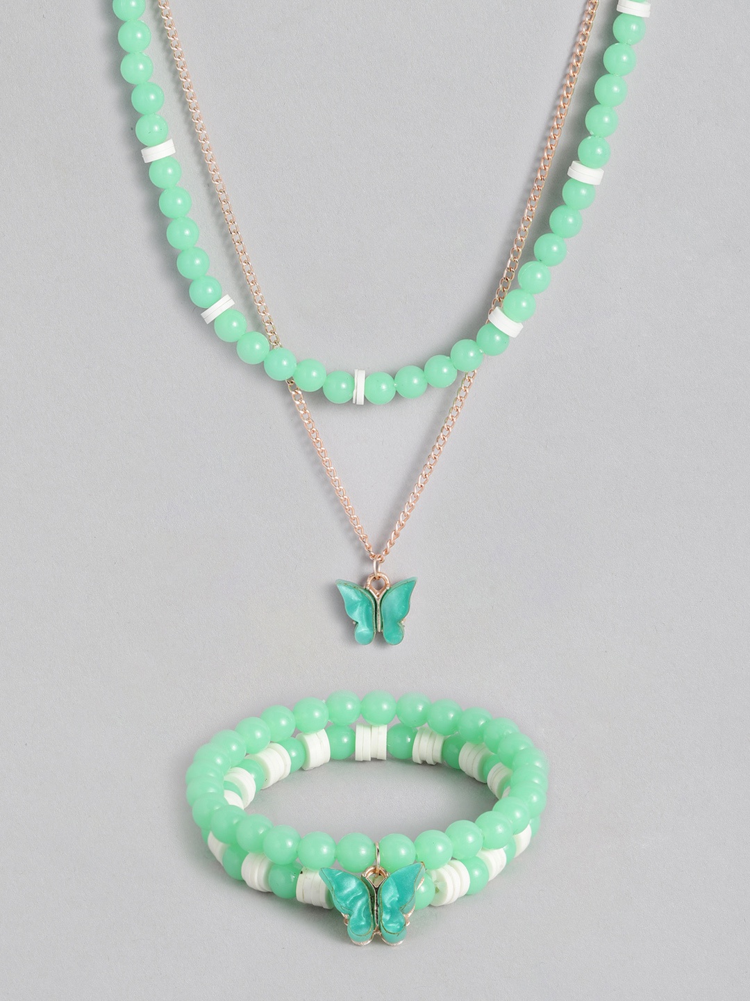 

Kord Store Green Butterfly Rose Gold-Plated Pendant Chain With Beaded Bracelet