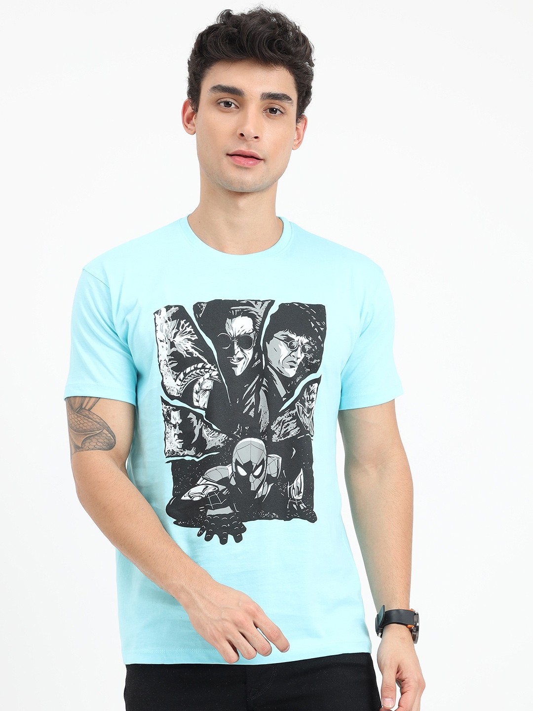 

COOFT Men Blue & Black Printed Pure Cotton T-shirt