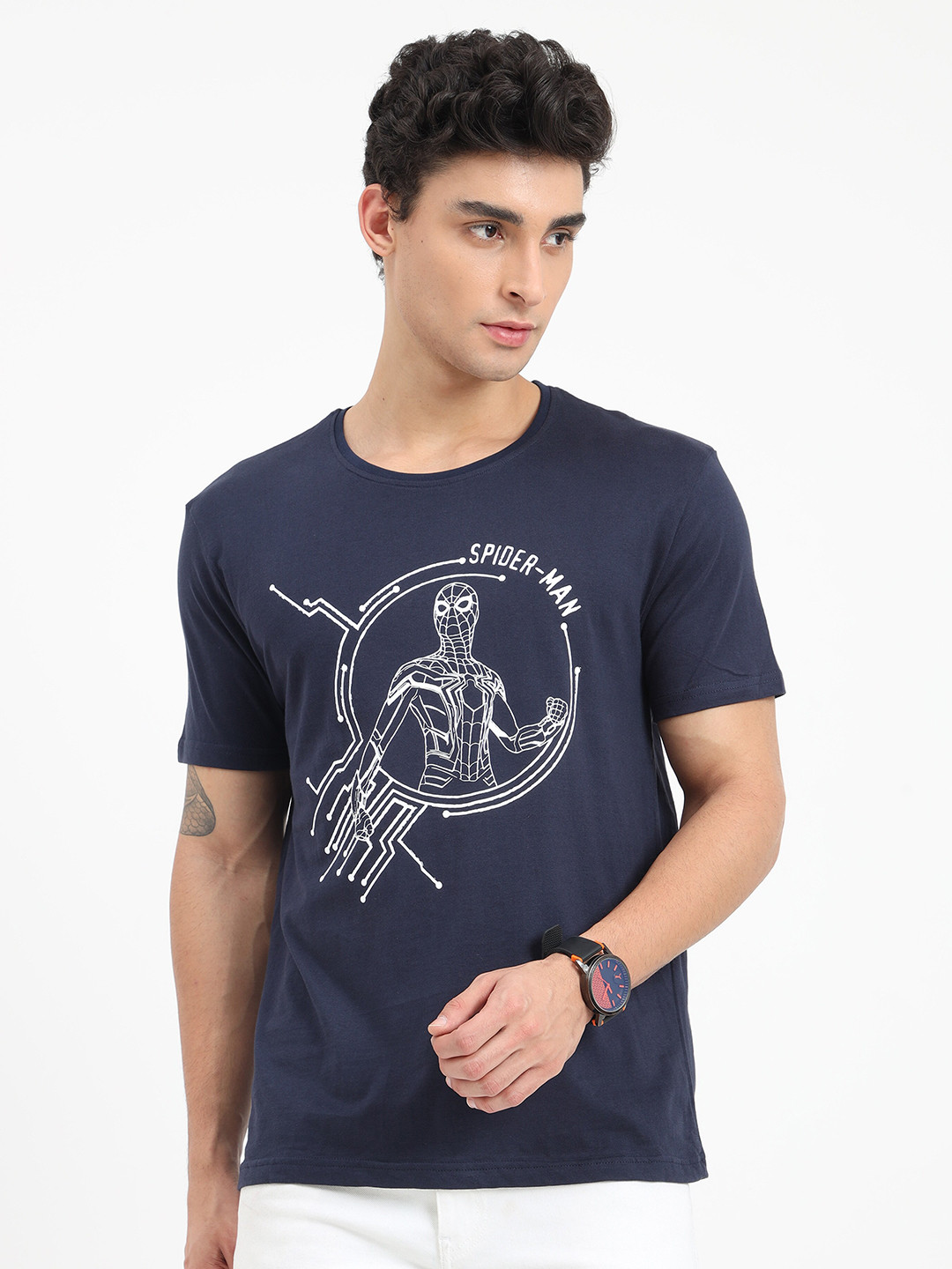 

COOFT Men Blue Spider-Man Printed Pure Cotton T-shirt