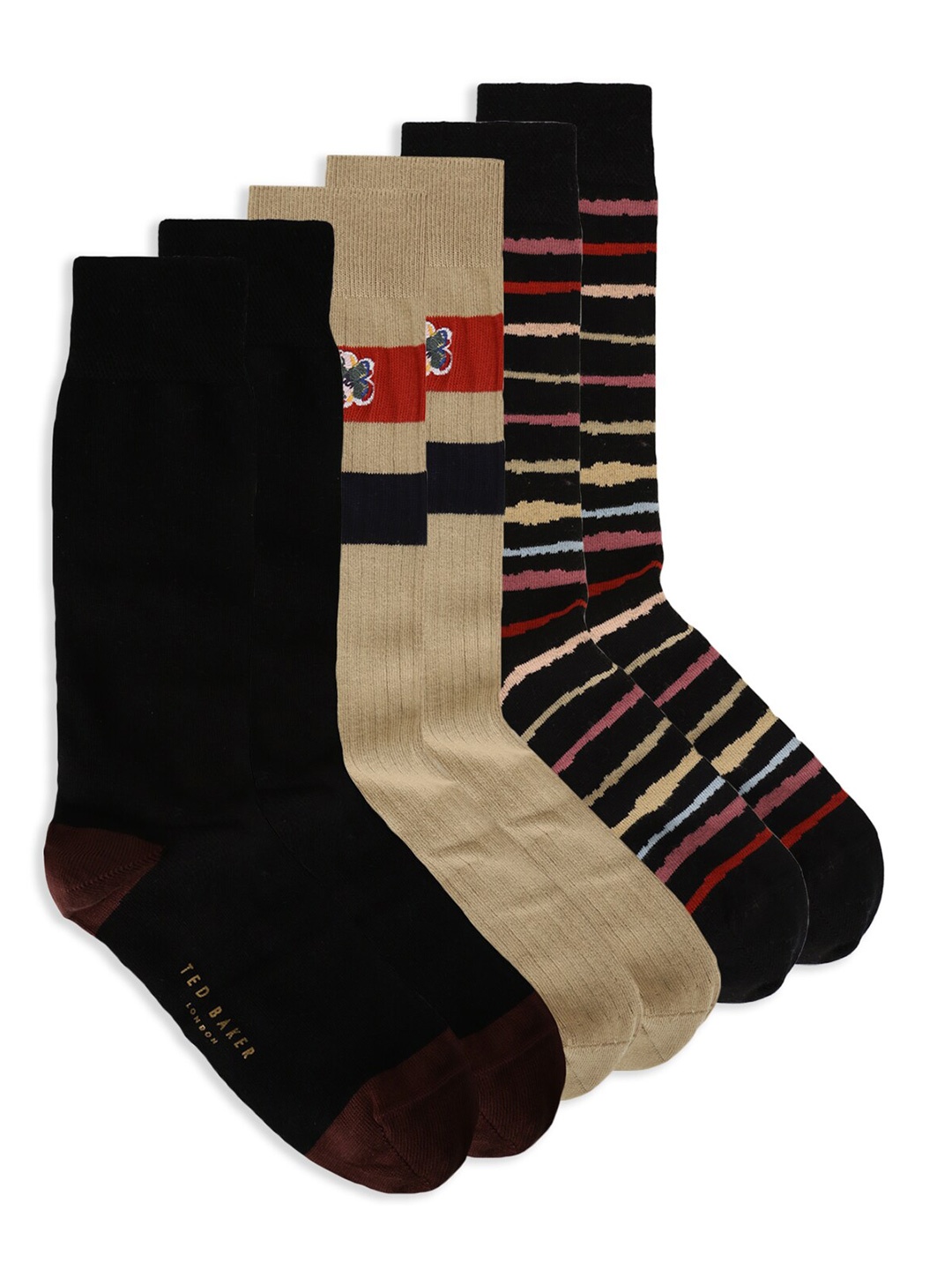 

Ted Baker Men Pack Of 3 Black & Beige Striped Calf-Length Socks