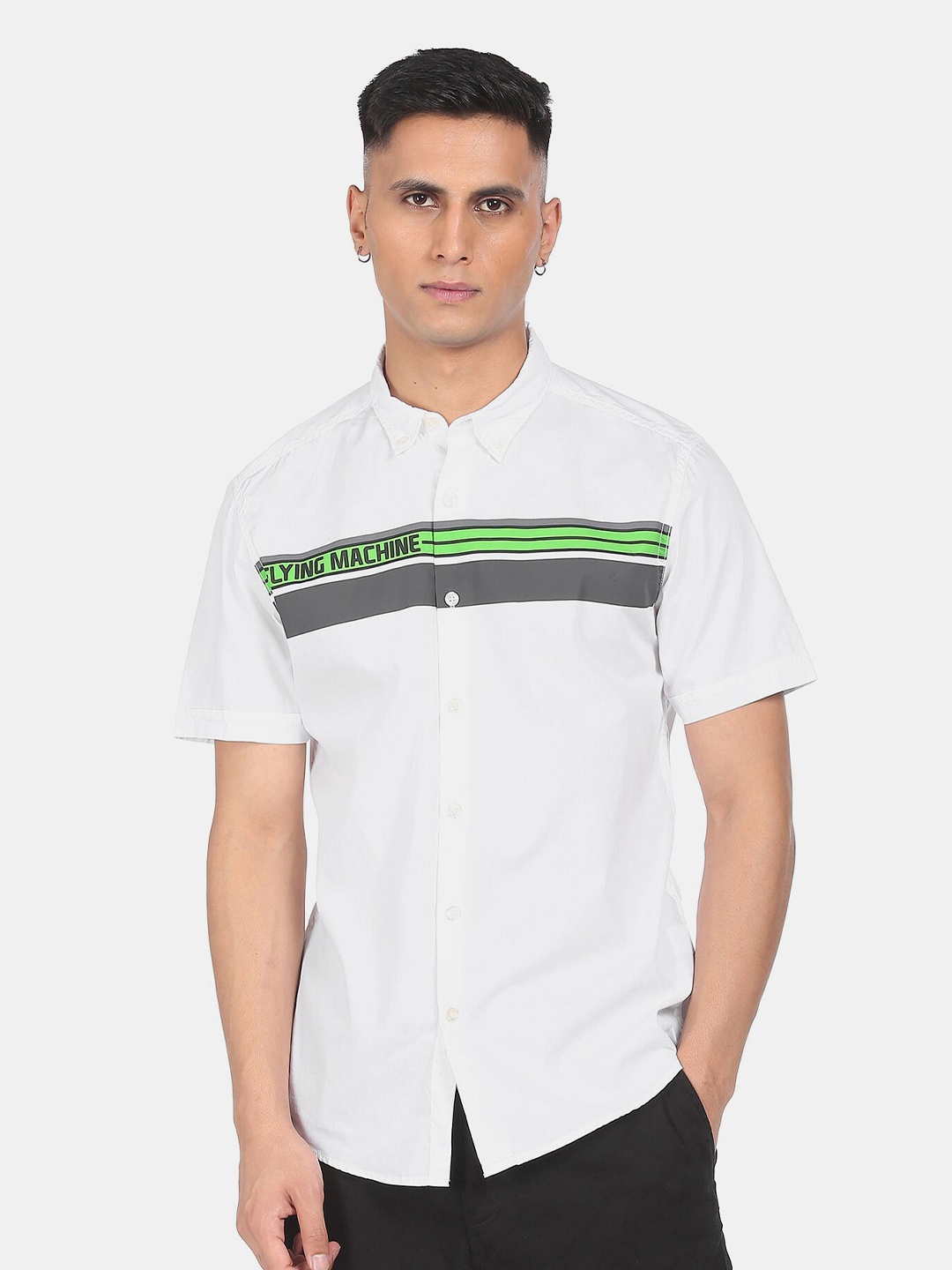 

Flying Machine Men White Horizontal Striped Casual Shirt