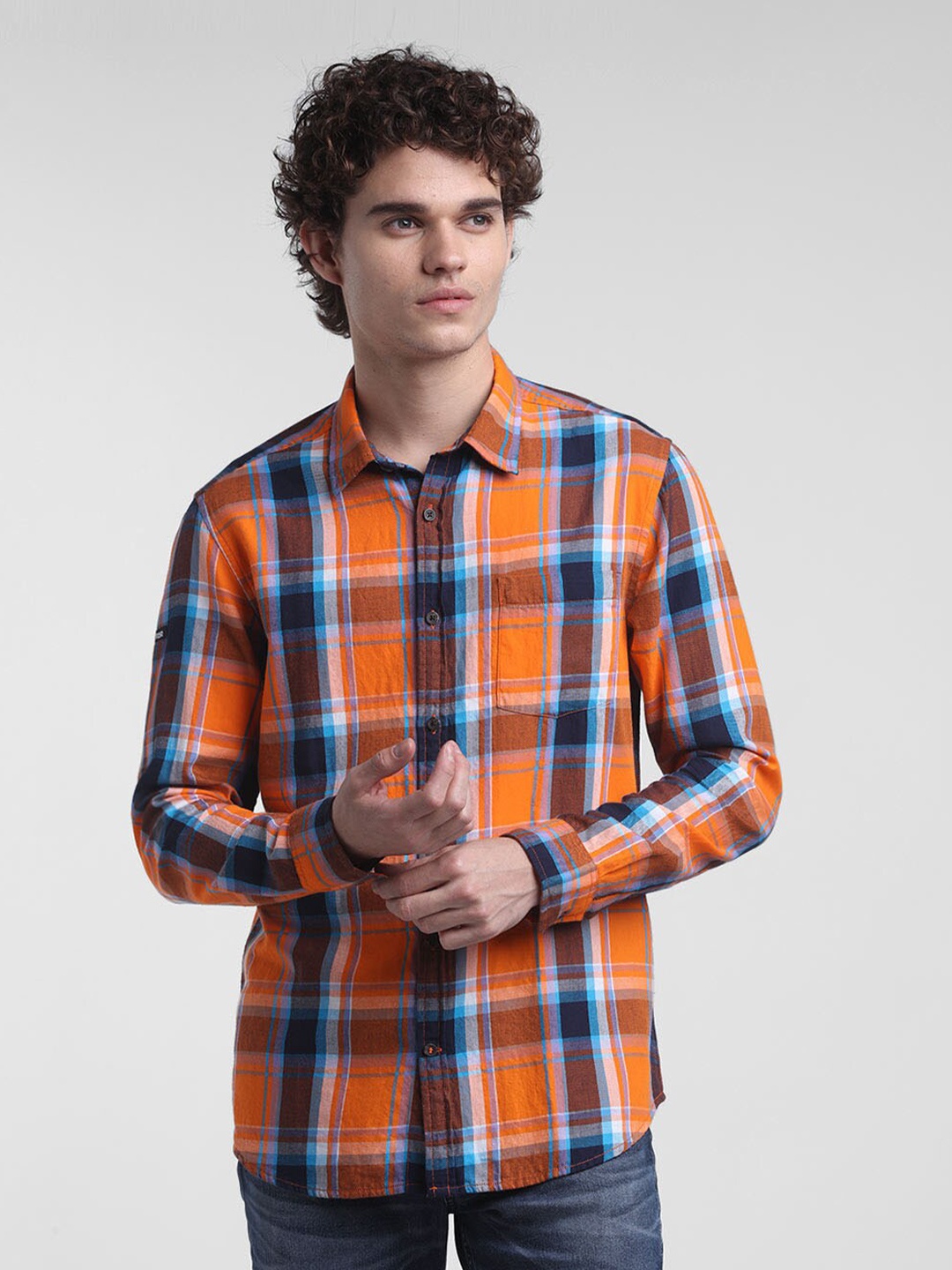 

STARTER Men Orange Slim Fit Tartan Checked Cotton Casual Shirt