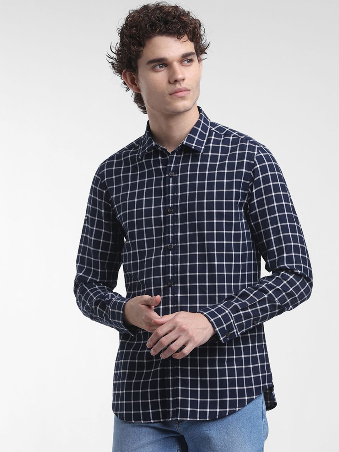 

STARTER Men Blue Slim Fit Grid Tattersall Checks Casual Shirt