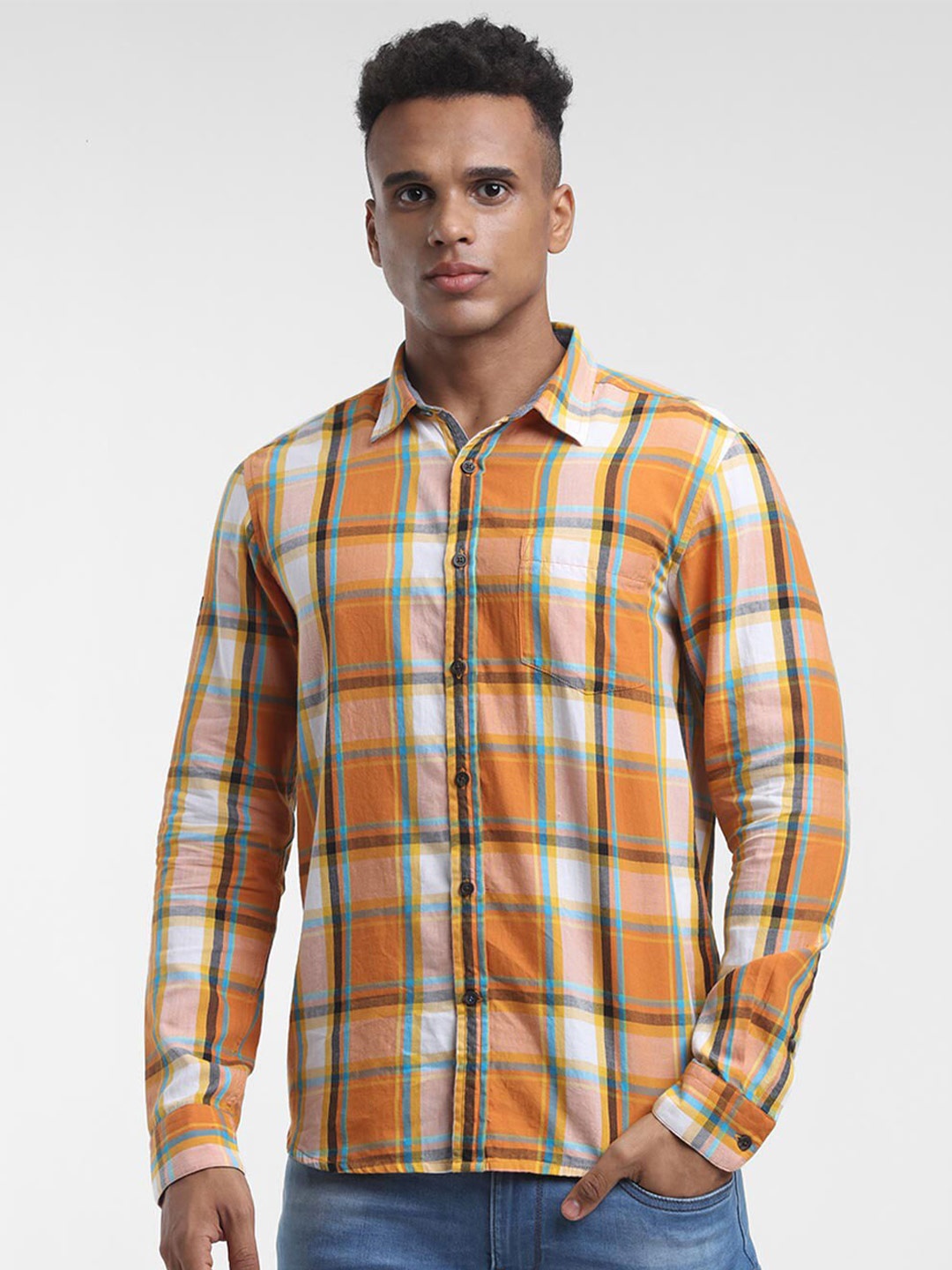 

STARTER Men Orange Slim Fit Tartan Checks Checked Casual Shirt